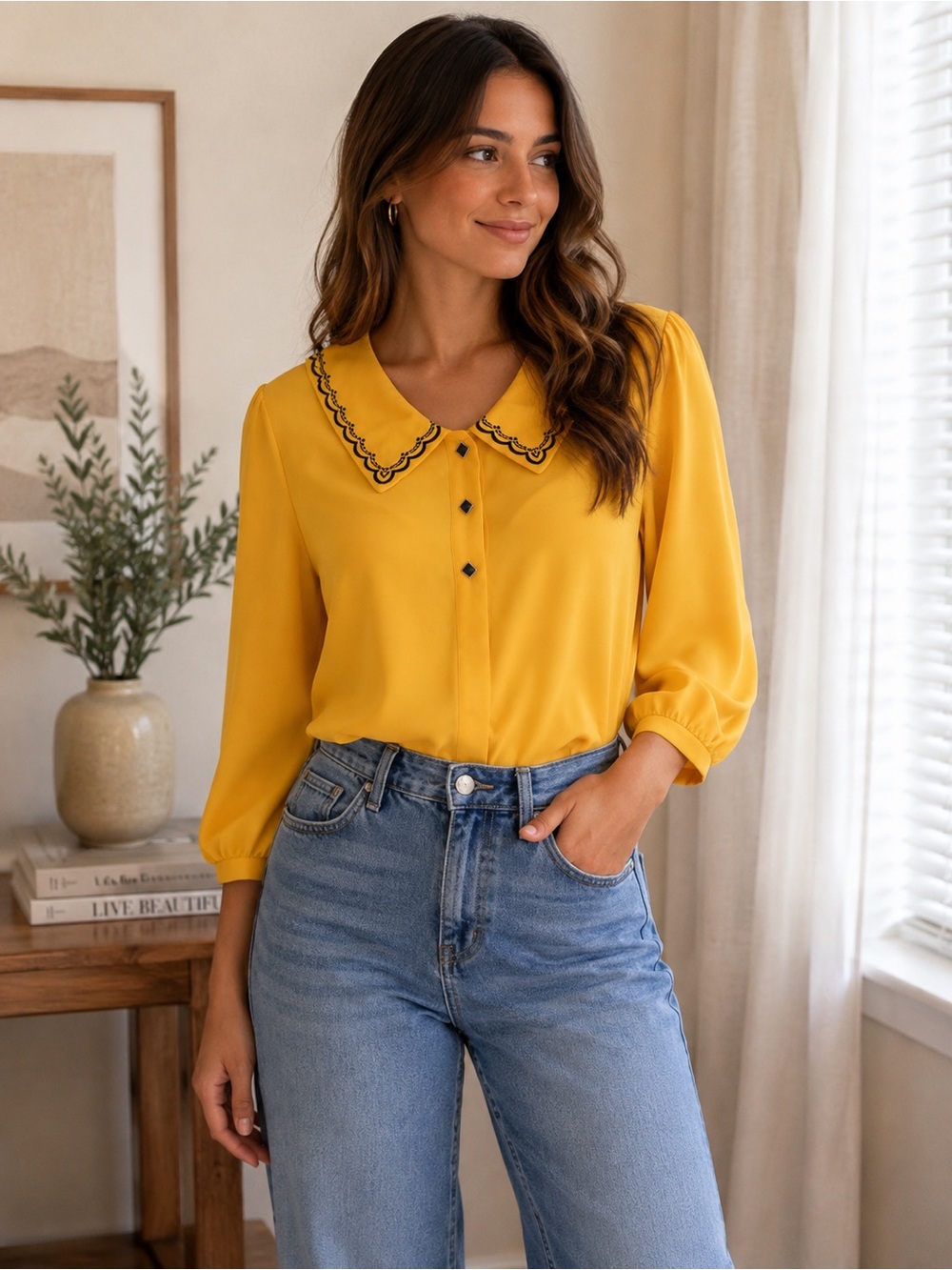 #51: NWT Mustard Yellow Blouse with Scalloped Collar